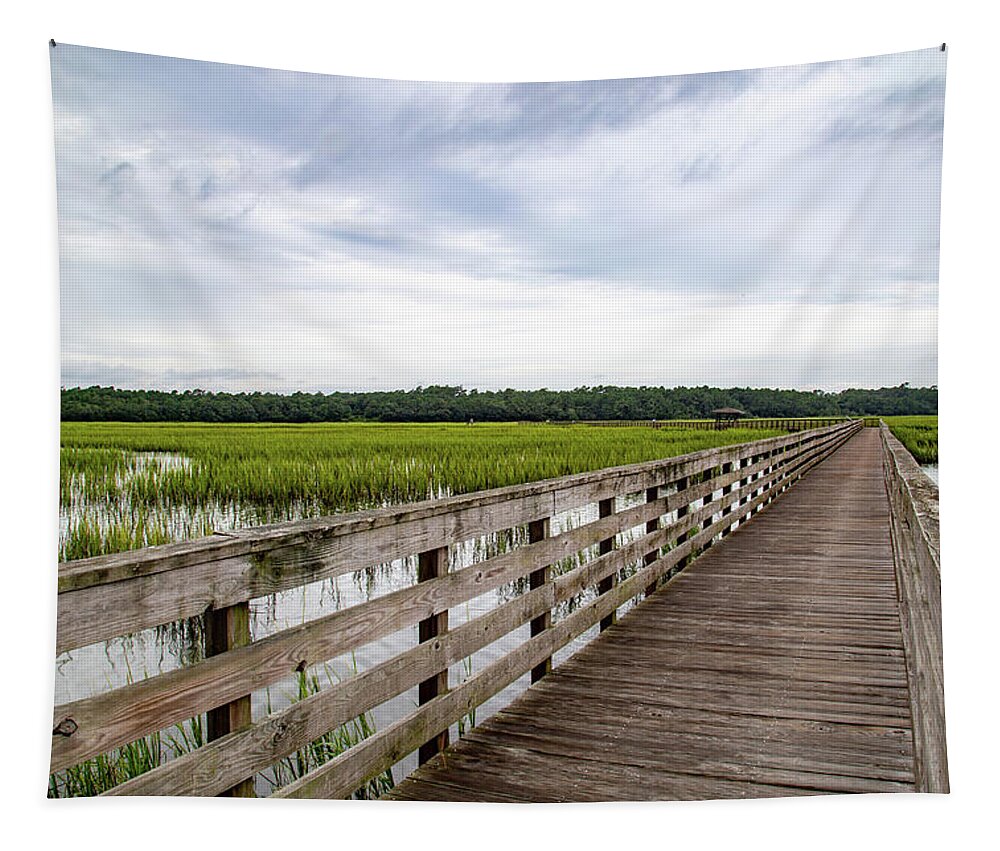 Huntington Beach State Park Tapestry featuring the photograph Long, Inviting Boardwalk by Cindy Robinson