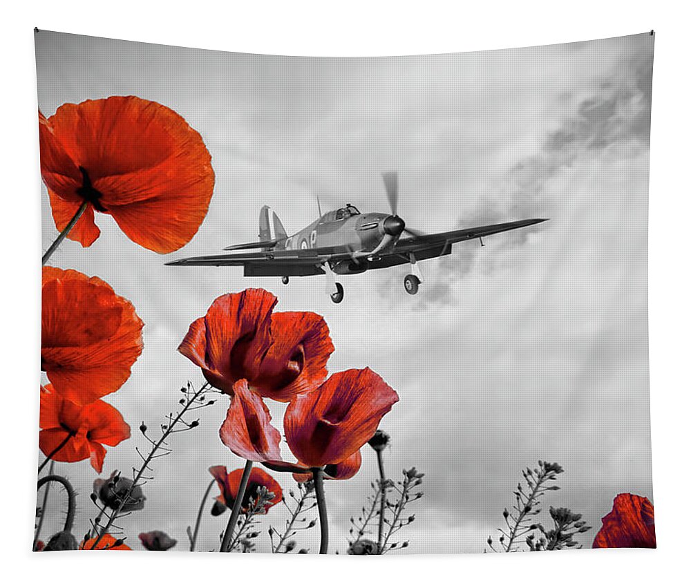 Hawker Hurricane Tapestry featuring the digital art Hurricane Poppy Fly Past Red by Airpower Art