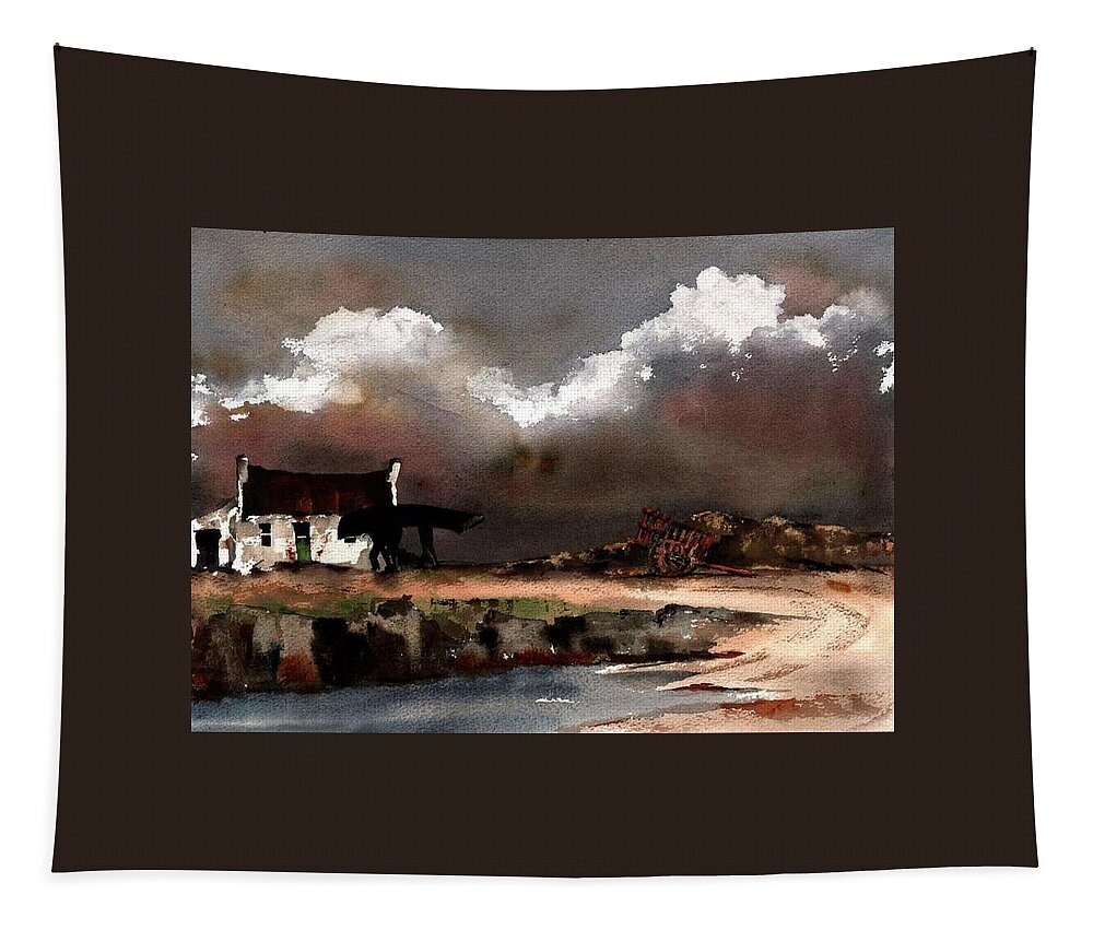 Galway Tapestry featuring the painting Storm Clouds over Erlak, Roundstone.. by Val Byrne