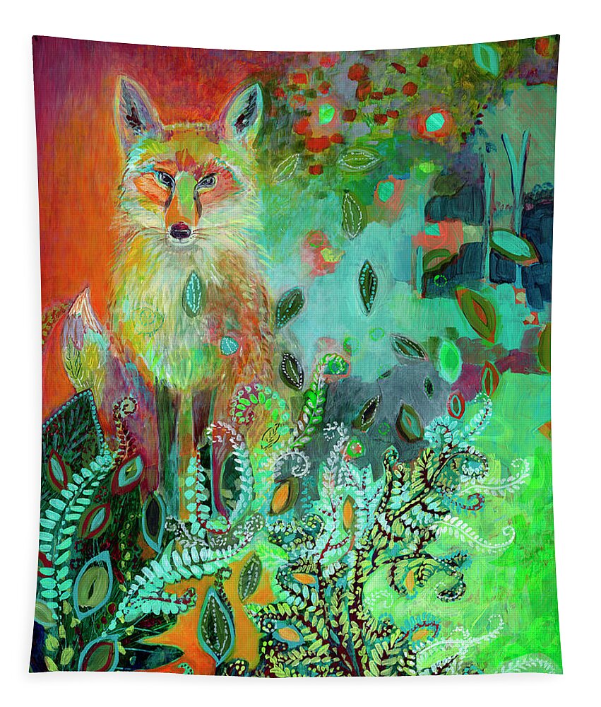 Fox Tapestry featuring the painting I Am The Forest Path by Jennifer Lommers