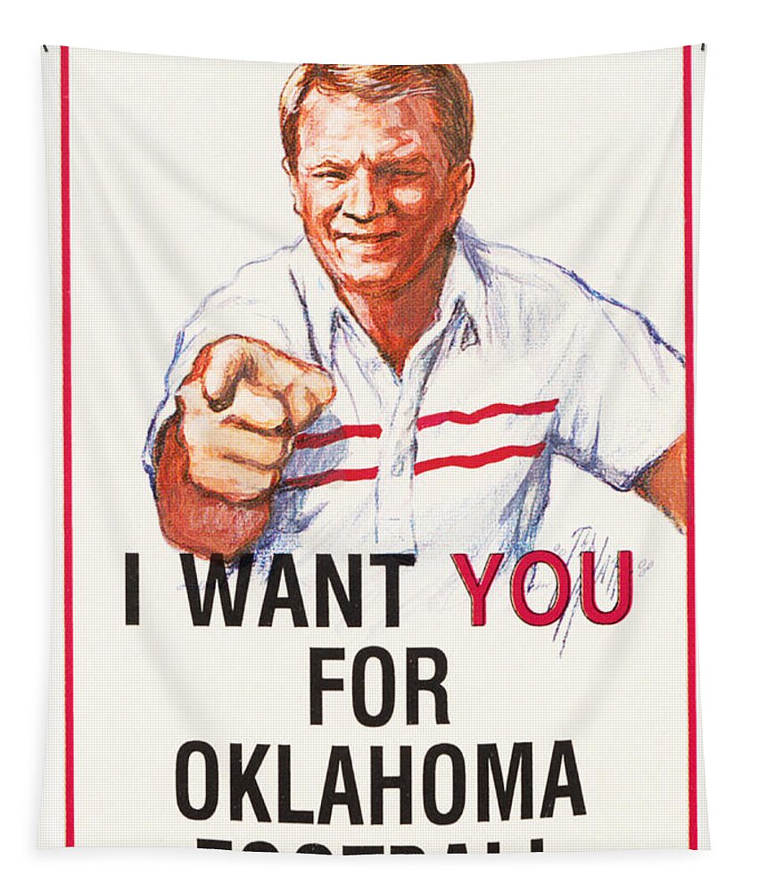 1986 Tapestry featuring the mixed media I Want You for Oklahoma Football Barry Switzer Poster by Row One Brand