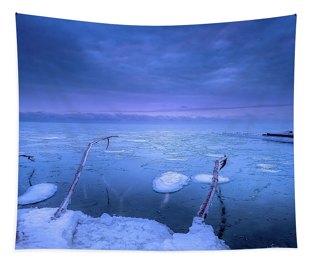 Ice Tapestry featuring the photograph Ice Pancakes in Pre Dawn Gloom by Paulette Marzahl