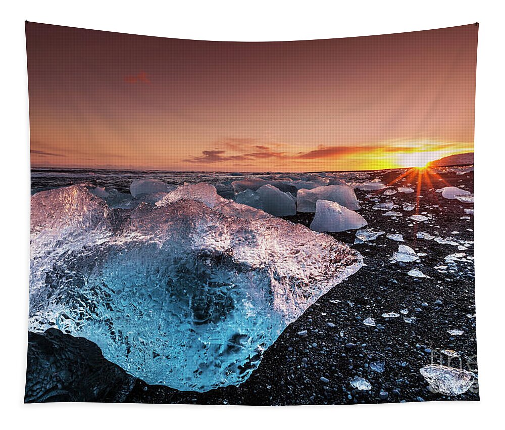 Iceland Tapestry featuring the photograph Icebergs on Jokulsarlon Beach at Sunset, Iceland by Neale And Judith Clark