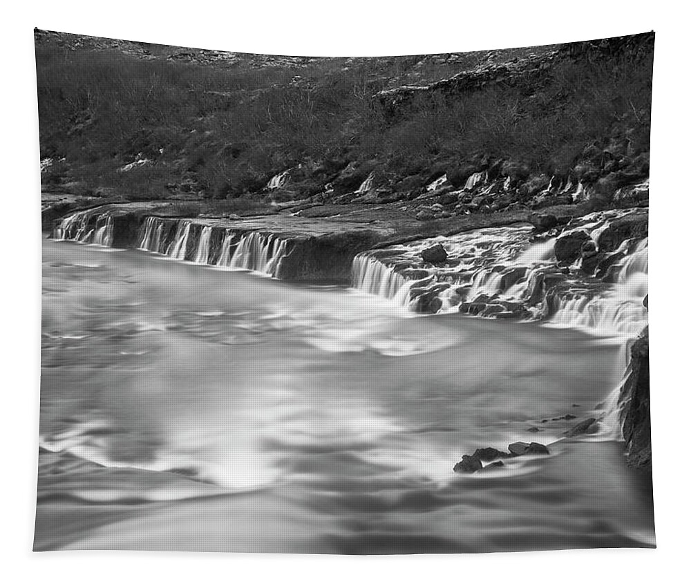 Iceland Tapestry featuring the photograph Iceland Hraunfosser Waterfall Reykholt Smooth River Black and White by Toby McGuire