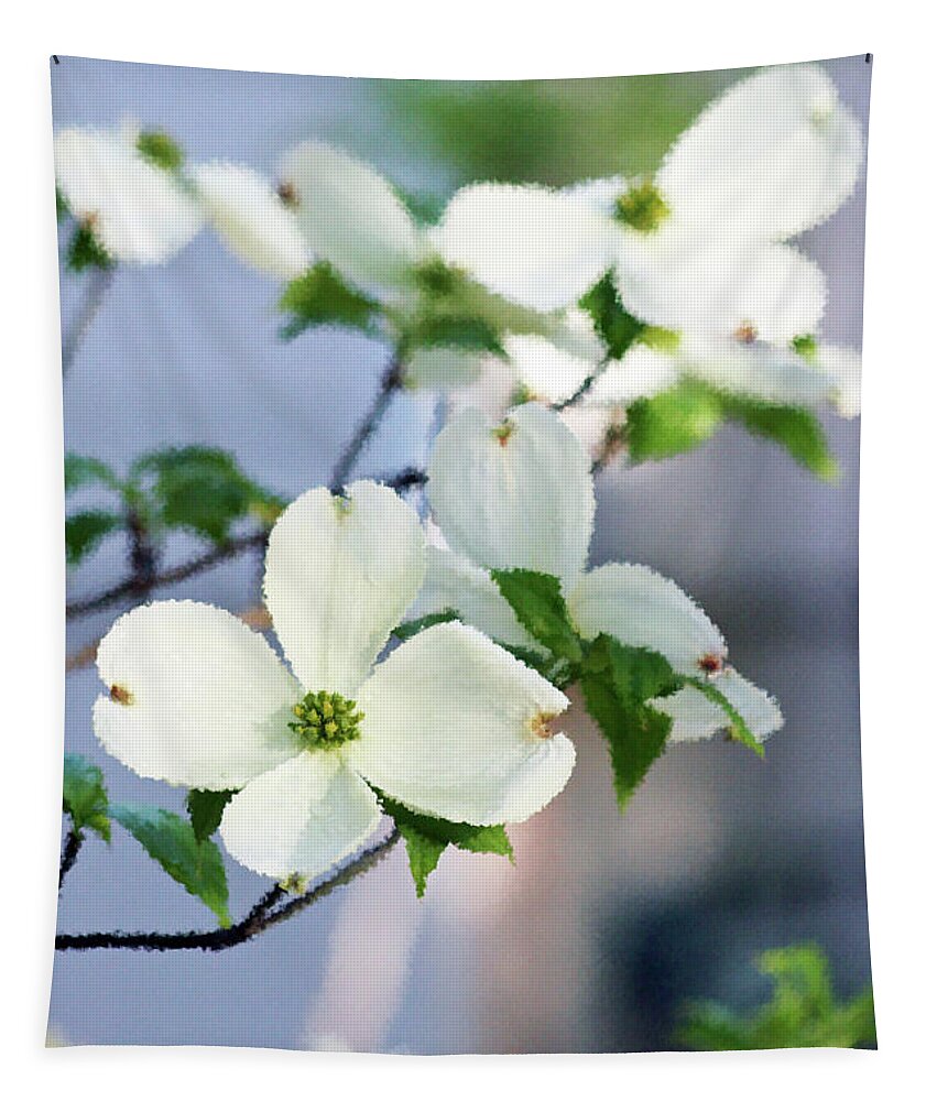 Dogwood; Dogwood Blossom; Blossom; Flower; Impressionist; Macro; Close Up; Petals; Green; White; Blue; Calm; Vertical; Pastel; Branches; Leaves; Tree Tapestry featuring the digital art Impression Dogwood 2 by Tina Uihlein