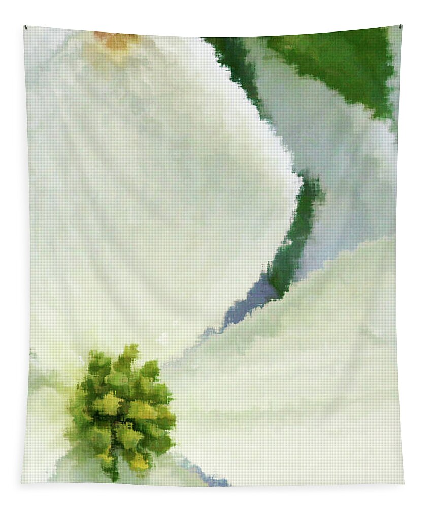 Dogwood; Dogwood Blossom; Blossom; Flower; Impressionist; Macro; Close Up; Petals; Green; White; Blue; Calm; Square; Pastel; Leaves; Tree; Branches Tapestry featuring the digital art Impression Dogwood 4 by Tina Uihlein