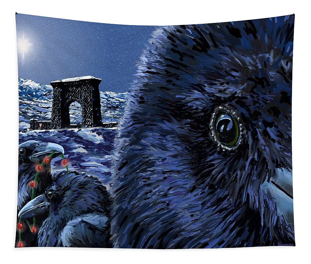 Raven Christmas Cards Tapestry featuring the digital art In the Eye of the Raven, For the Benefit and Enjoyment of the People by Les Herman