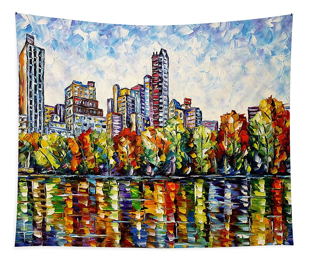 Colorful Cityscape Tapestry featuring the painting Indian Summer In The Central Park by Mirek Kuzniar