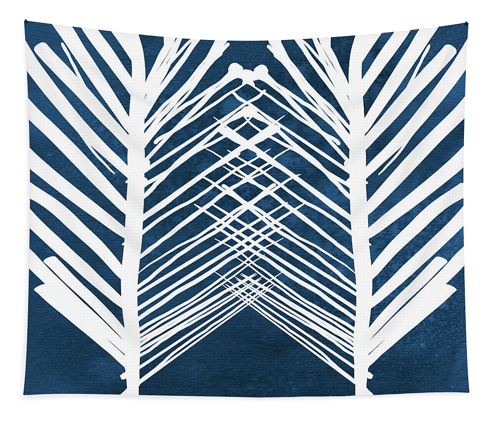 Leaves Tapestry featuring the painting Indigo and White Leaves- Abstract Art by Linda Woods