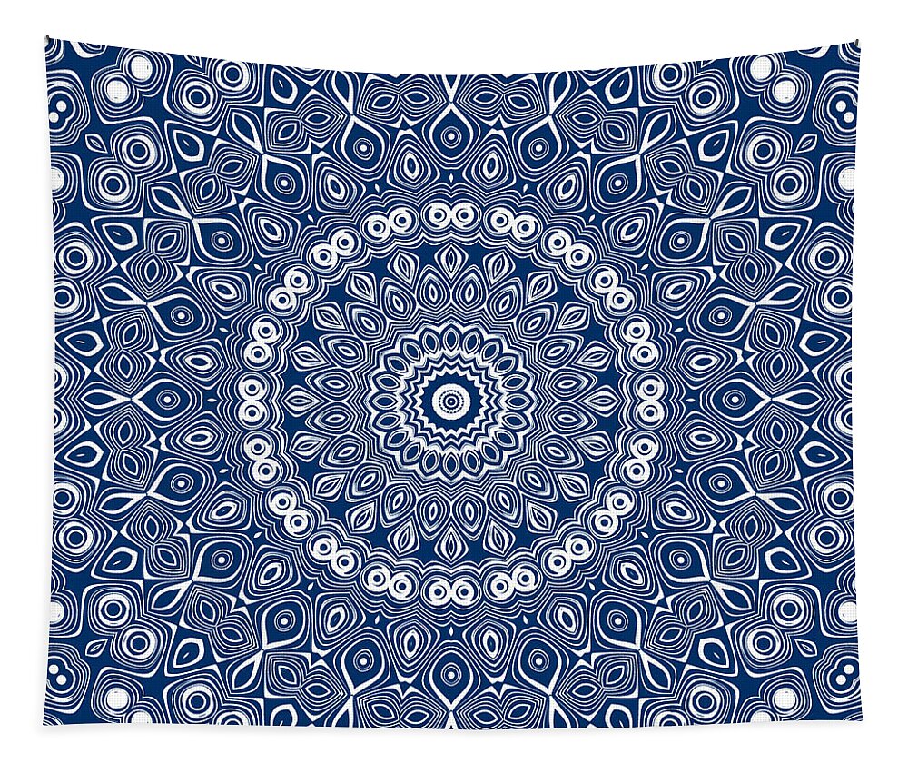Indigo Tapestry featuring the digital art Indigo Blue Mandala Kaleidoscope Medallion Flower by Mercury McCutcheon