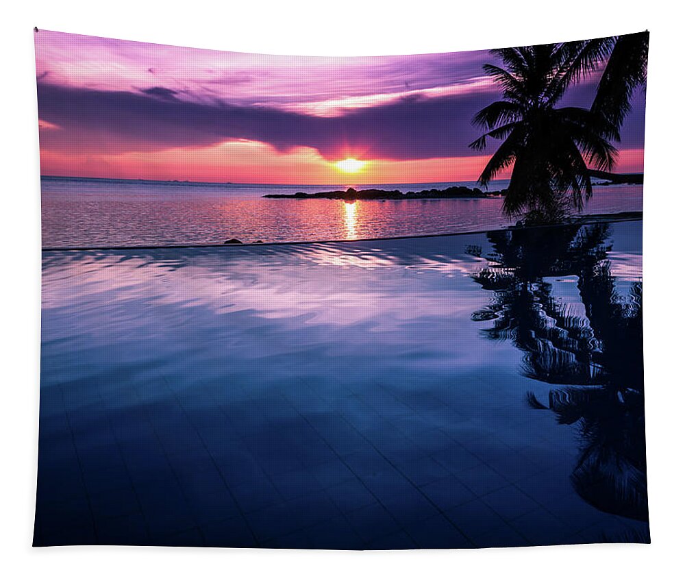 Infinity Pool Tapestry featuring the photograph Infinity pool sunset Thai Restaurant Decoration by Josu Ozkaritz