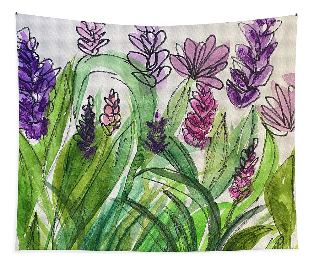 Purple Tapestry featuring the mixed media Ink and Wash Flowers by Lisa Neuman