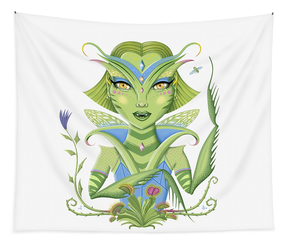 Fantasy Tapestry featuring the digital art Insect Girl, MantisAnne with Venus Fly Traps by Valerie White