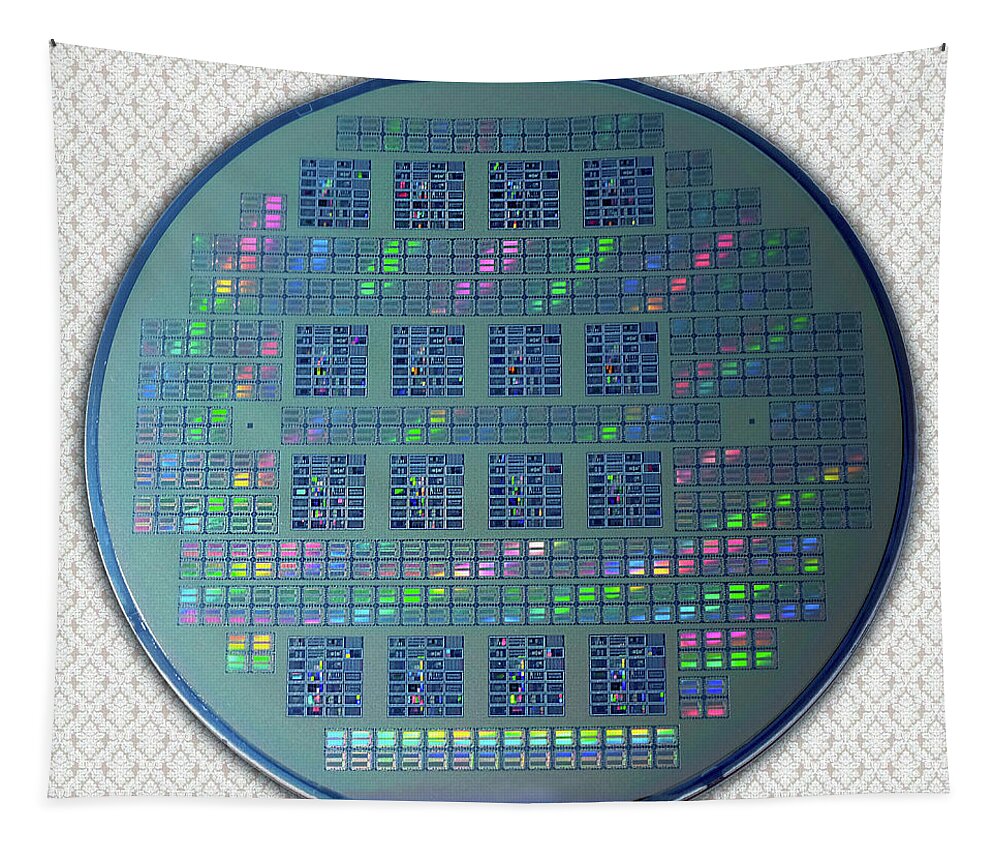 Intel Tapestry featuring the photograph Intel 4001 ROM CPU Silicon Wafer Chipset Integrated Circuit, Silicon Valley 1971 by Kathy Anselmo