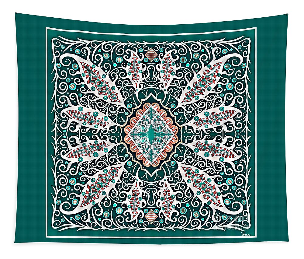 Abstract Design In Dark Green And White Tapestry featuring the mixed media Intricate Green Abstract Design with White Leaf-like Shapes and a Salmon Colored Diamond by Lise Winne