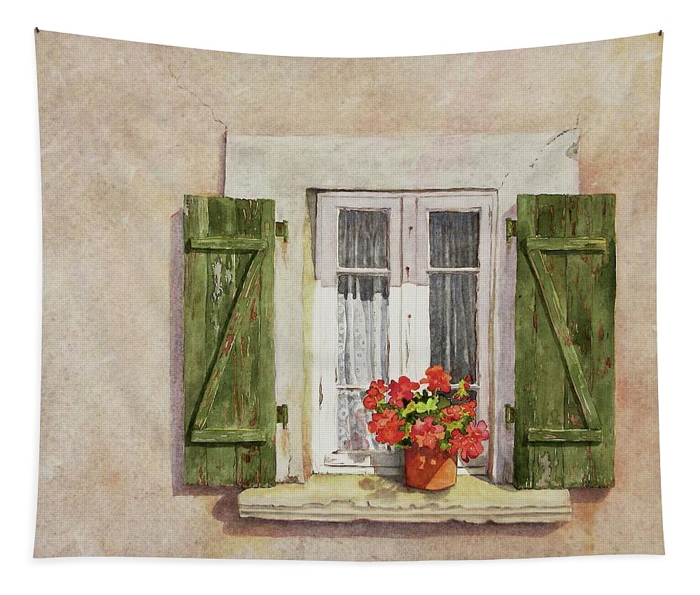 Watercolor Tapestry featuring the painting Irvillac Window by Mary Ellen Mueller Legault