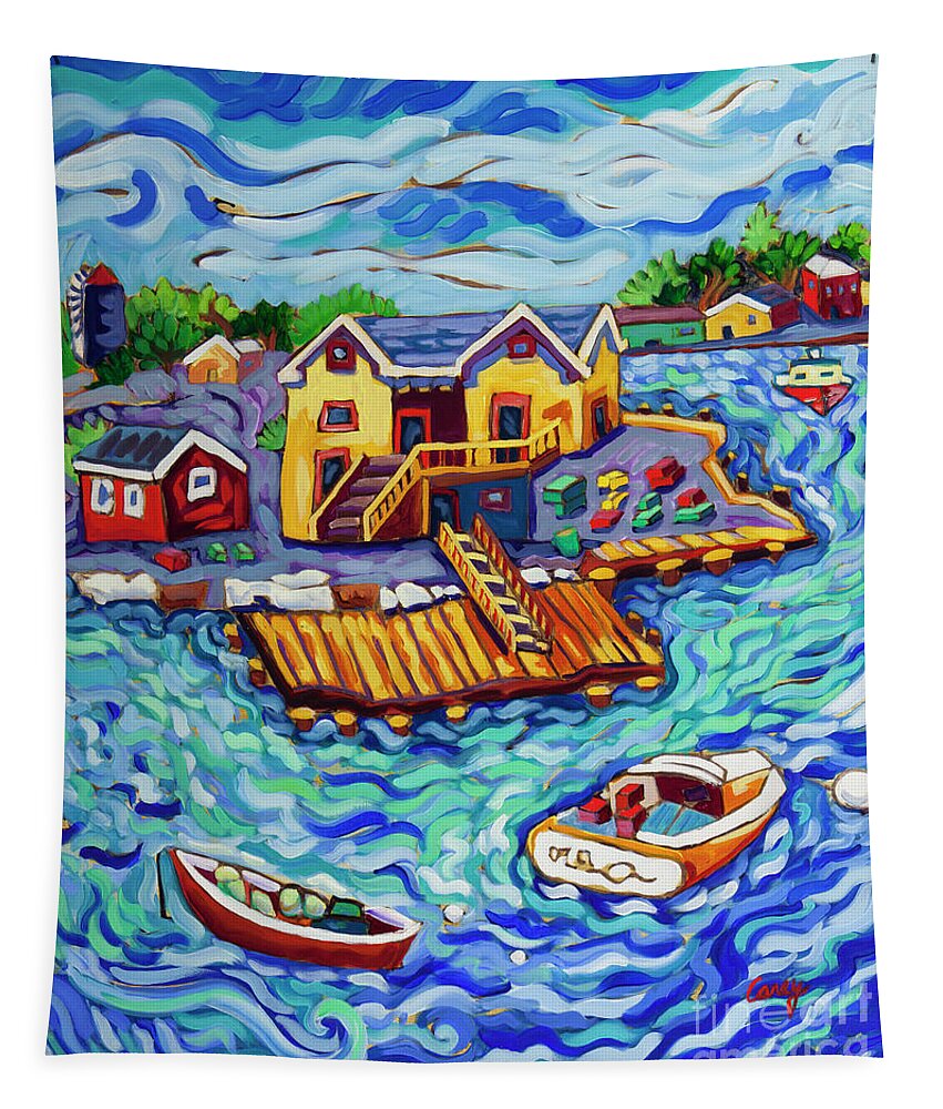 Boats Tapestry featuring the painting Island Harbor by Cathy Carey