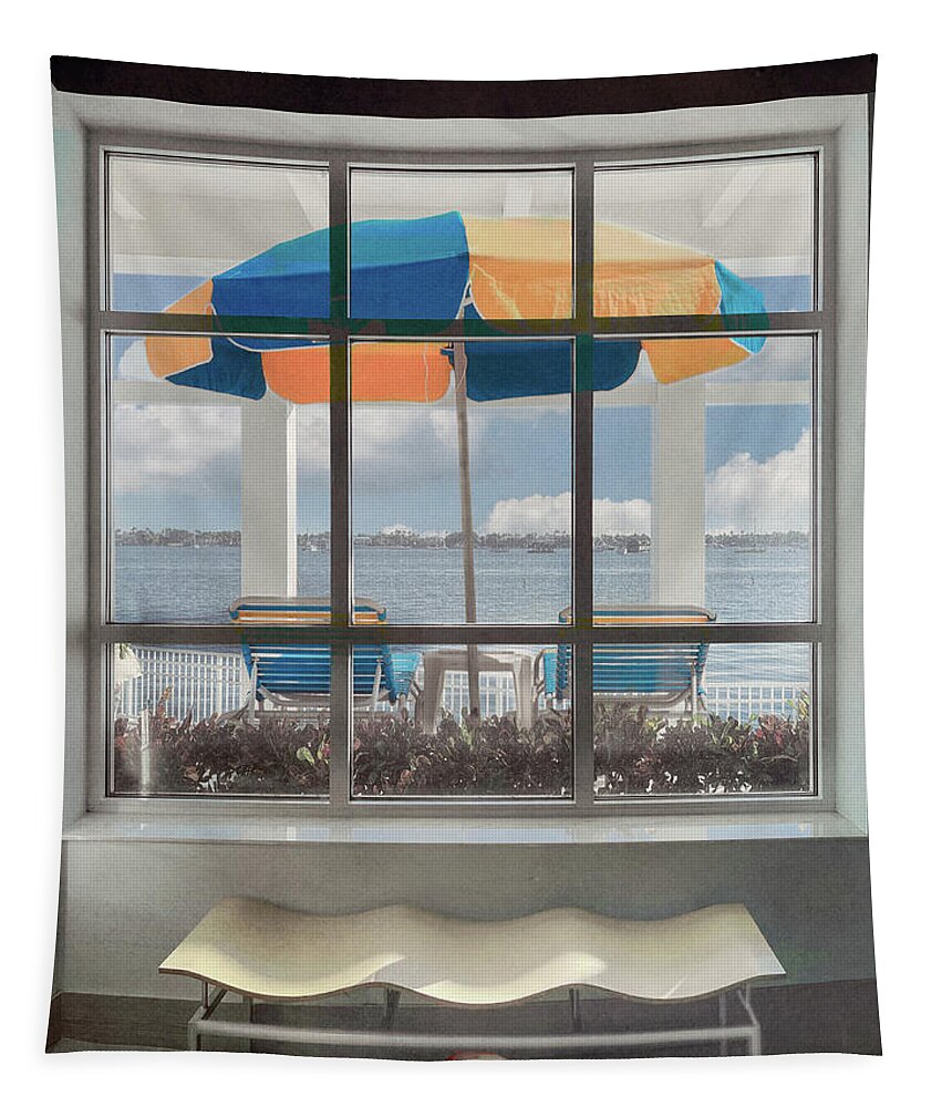 Umbrella Tapestry featuring the photograph Island Umbrella through the Porch Cottage Window by Debra and Dave Vanderlaan