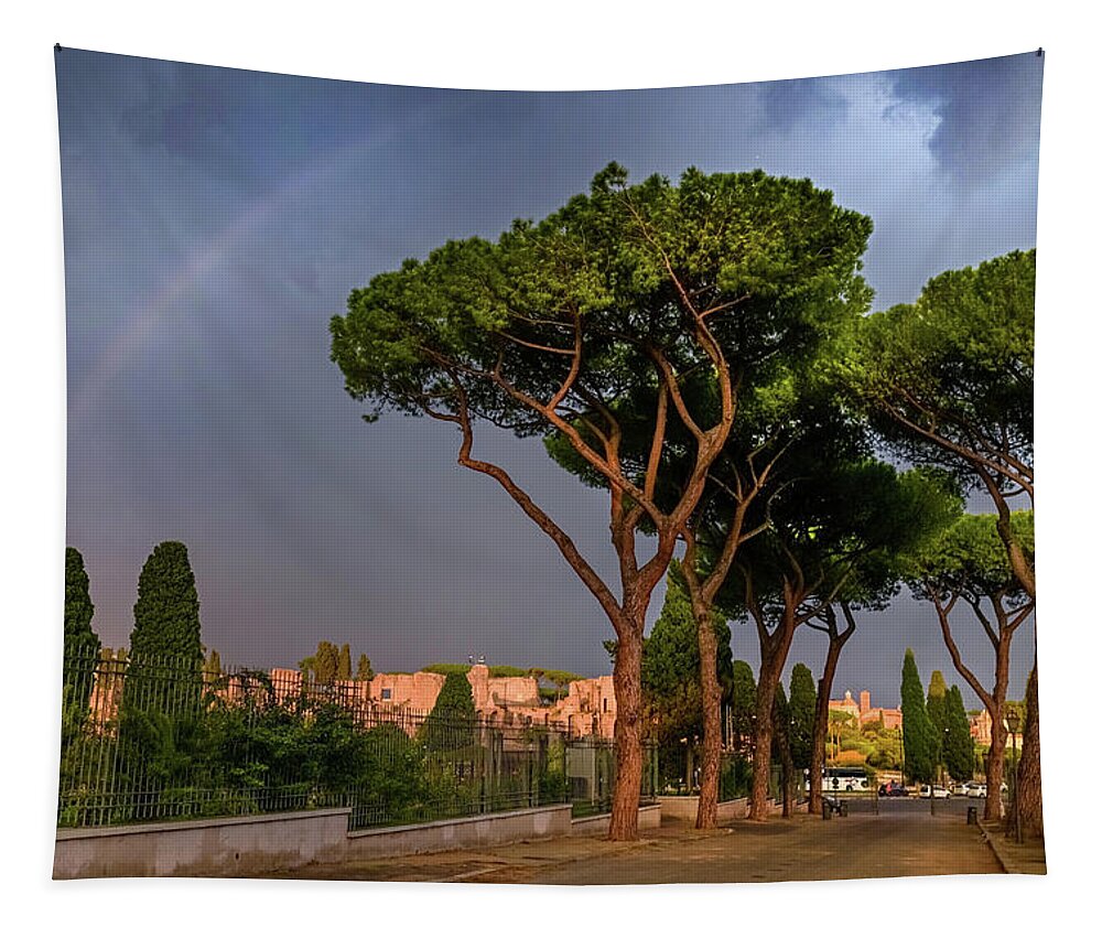  Tapestry featuring the photograph Italian Vacations - Rome Historic Center - Pine Trees and Rainbow 1 by Jenny Rainbow