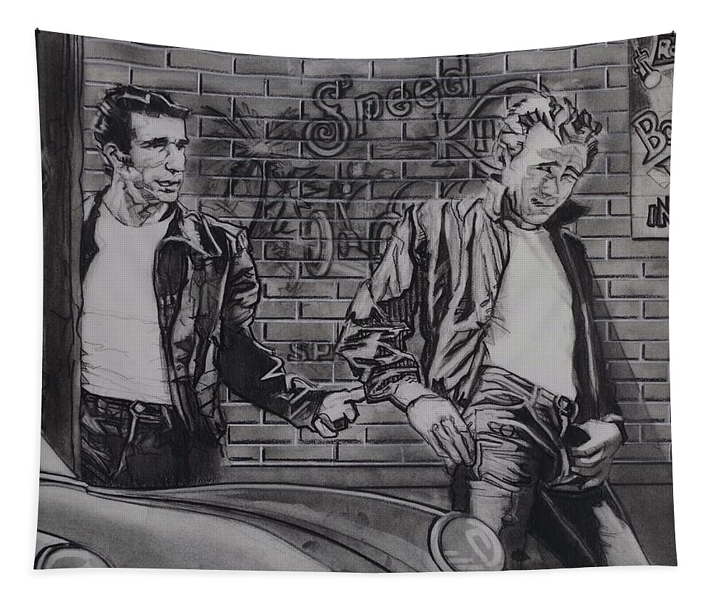 Charcoal Pencil On Paper Tapestry featuring the drawing James Dean Meets The Fonz by Sean Connolly