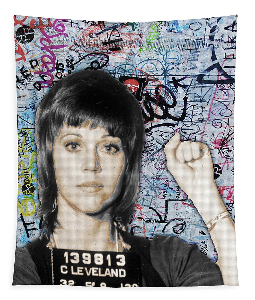 Jane Fonda Tapestry featuring the painting Jane Fonda Mug Shot Vertical Graffiti by Tony Rubino