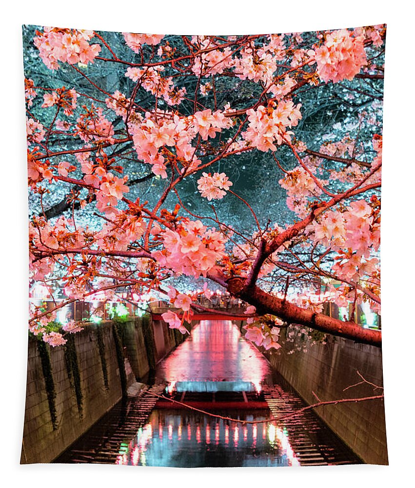 Japan Tapestry featuring the photograph Japan Rising Sun Collection - Meguro River Cherry Blossom V I by Philippe HUGONNARD
