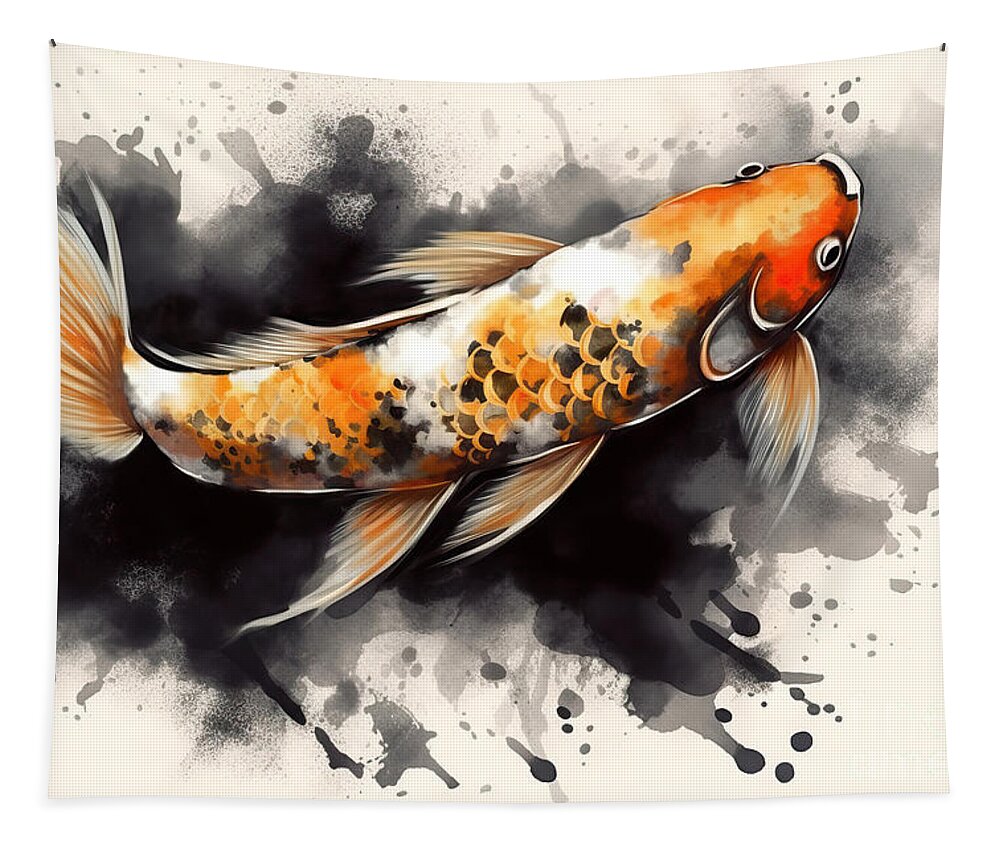 Koi Tapestry featuring the painting Japanese koi fish painting watercolor orange, black and gold on by N Akkash