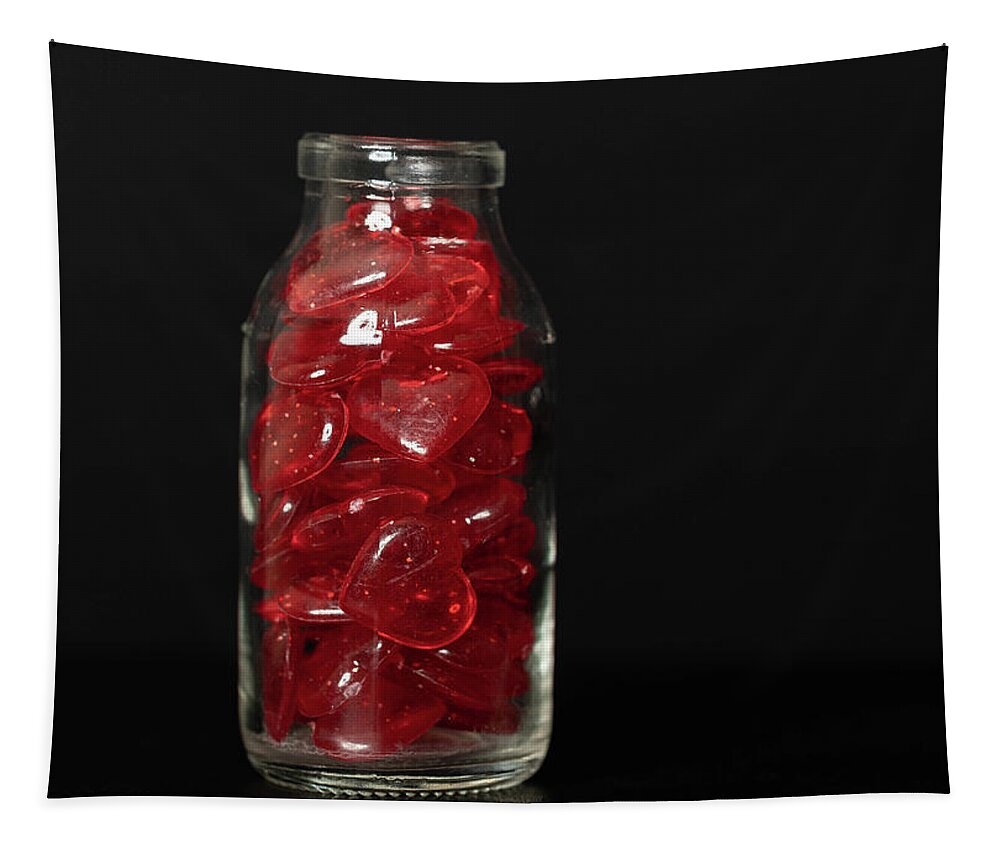 Jar Tapestry featuring the photograph Jar of Red Hearts by Amelia Pearn