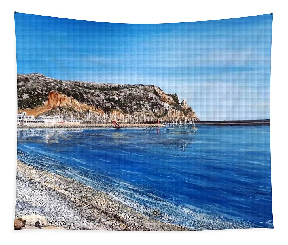Spain Tapestry featuring the painting Javea Port pebble beach Spain by Mackenzie Moulton