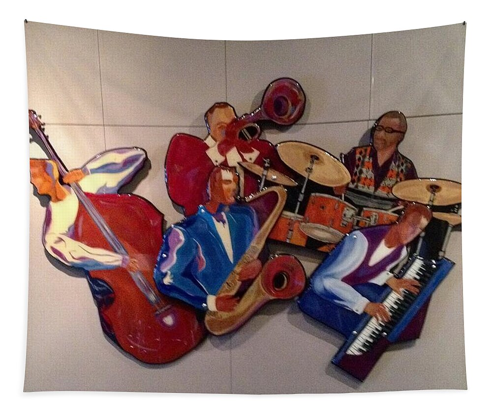 Jazz Tapestry featuring the painting Jazz Ensemble V-custom by Bill Manson