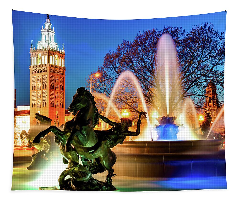 America Tapestry featuring the photograph J.C. Nichols Fountain Statues - The Kansas City Plaza by Gregory Ballos