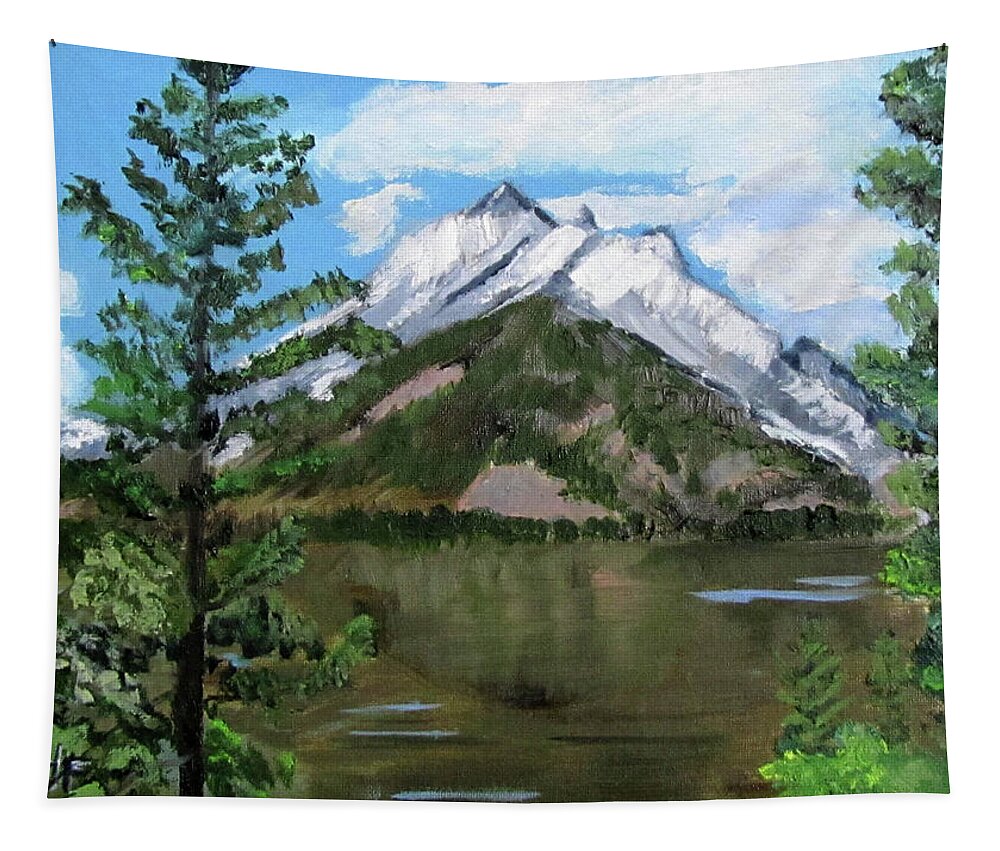 Tetons Tapestry featuring the painting Jenny Lake in the Tetons by Linda Feinberg