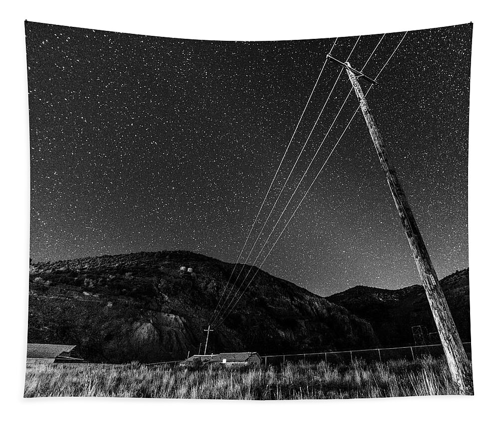Jerome Tapestry featuring the photograph Jerome Arizona Ghost Town Starry Skies Mining Town Black and White by Toby McGuire