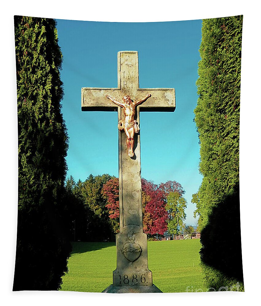 Jesus Tapestry featuring the photograph Jesus On Cross Kapelle Ave Maria Switzerland by Claudia Zahnd-Prezioso