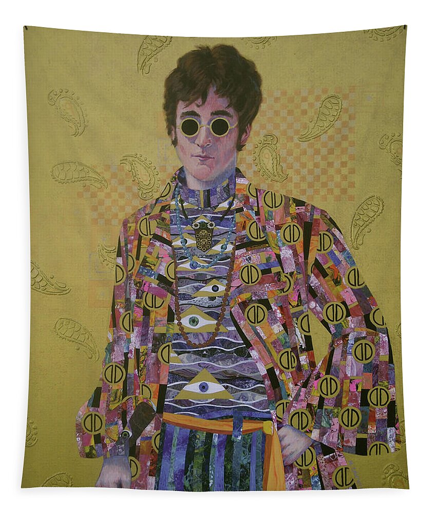 John Lennon Tapestry featuring the painting John Lennon and the Amazing Psychedelic Klimt Coat by Marguerite Chadwick-Juner