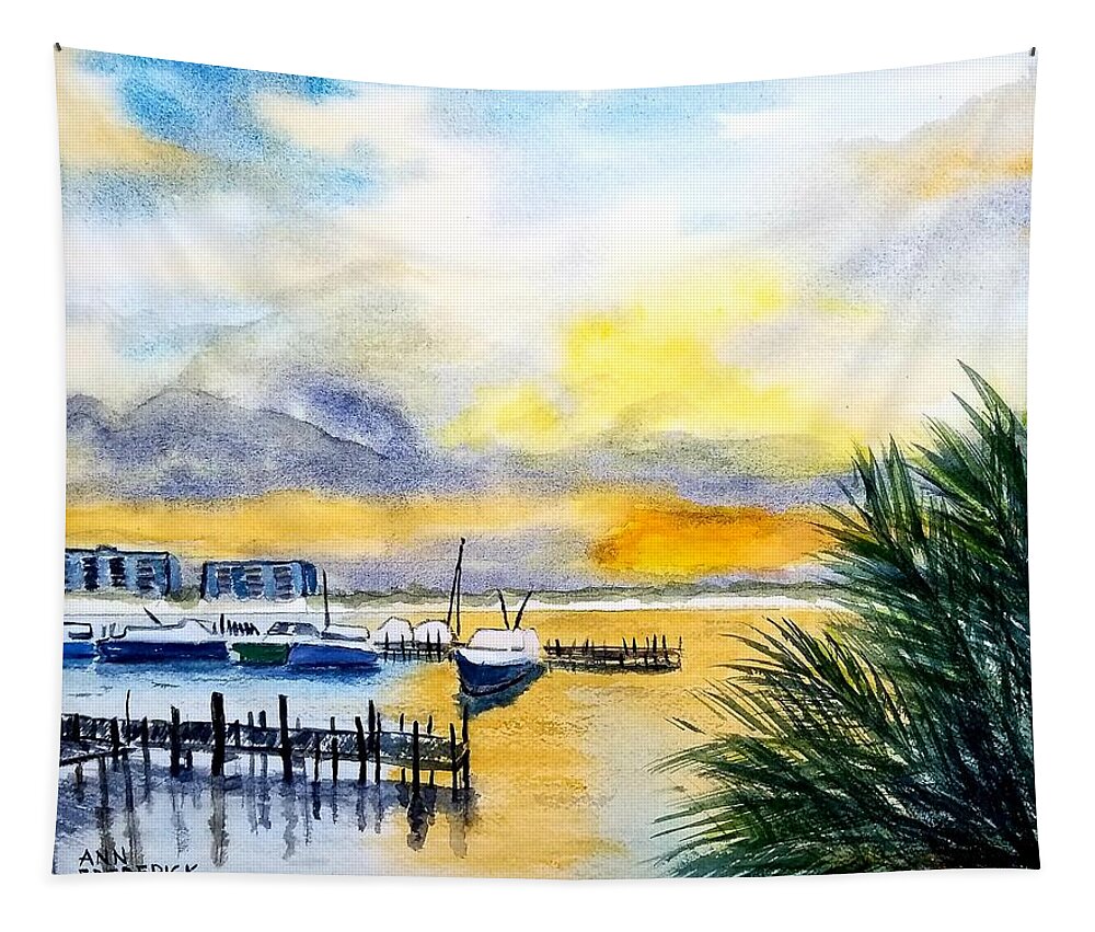 Sunset Tapestry featuring the painting Jo's Marina by Ann Frederick