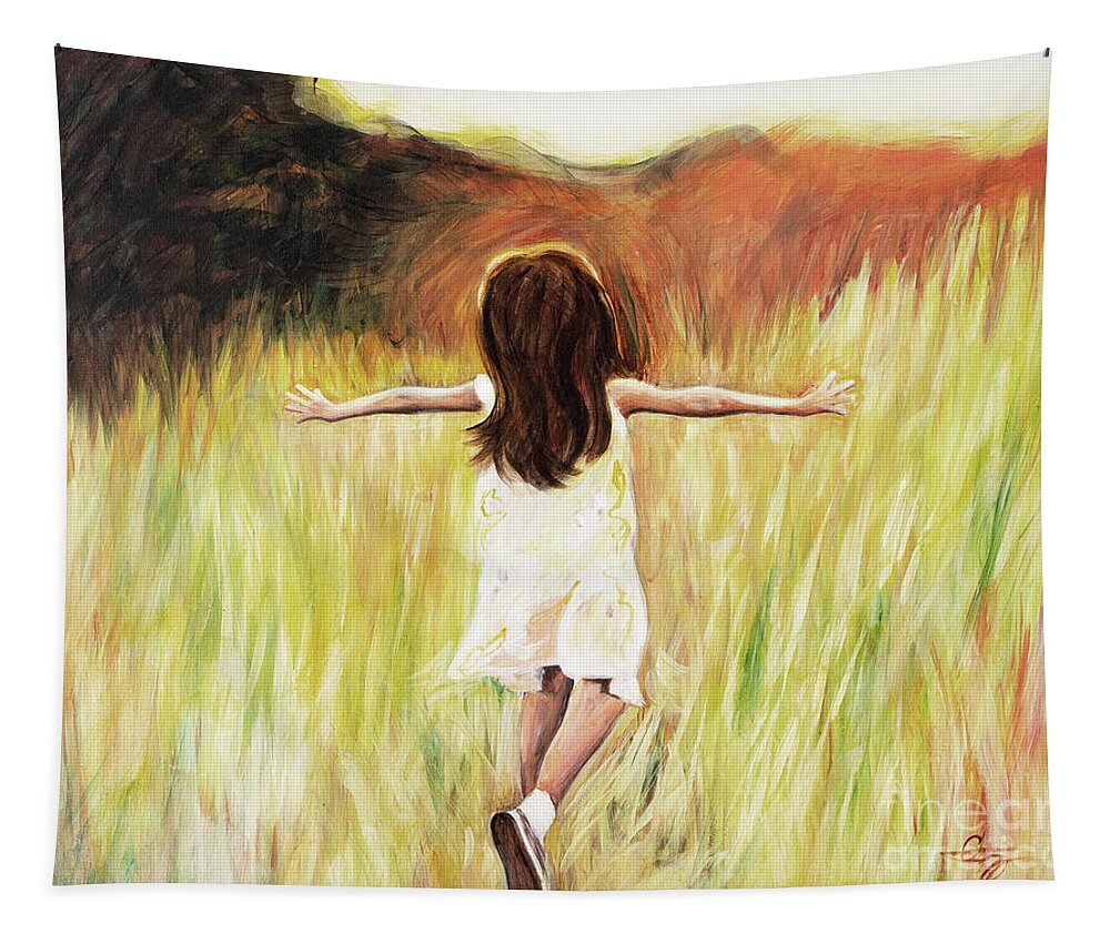 Joy Girl Running Field Sunshine Happy Joyful Peaceful Daughter Free Tapestry featuring the painting Joy by Pamela Schwartz