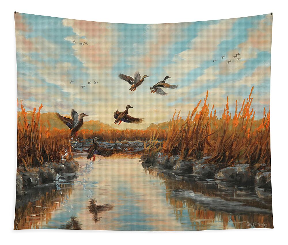 Mallards Tapestry featuring the painting Jumping Blacks and Mallards by Guy Crittenden