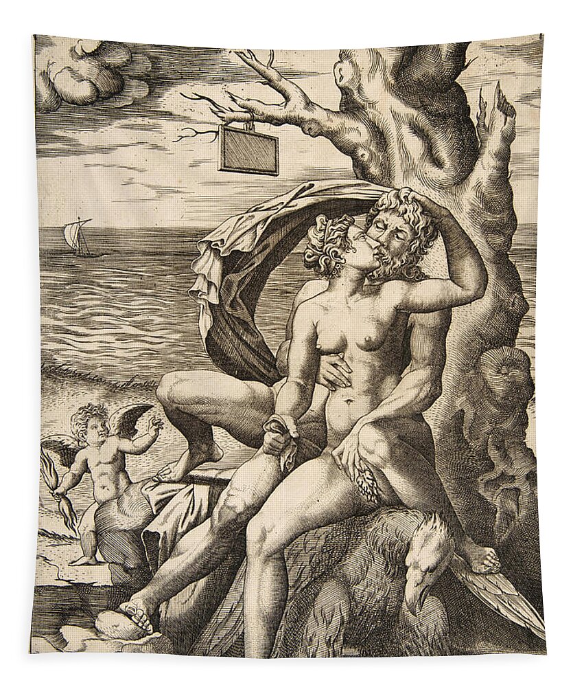 Marco Dente Tapestry featuring the drawing Jupiter and Semele embracing by Marco Dente