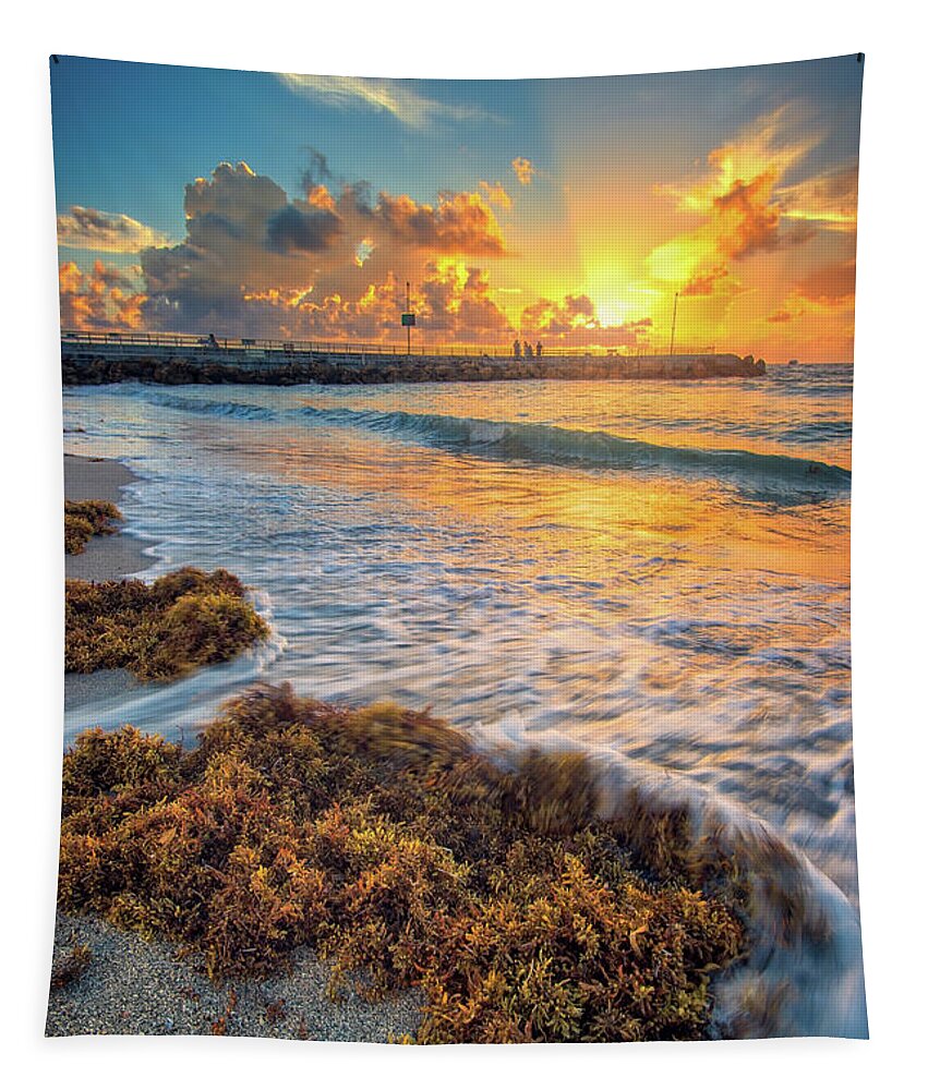 Aurora Hdr Tapestry featuring the photograph Jupiter Inlet Seaweed Sunrise Over Jetty by Kim Seng