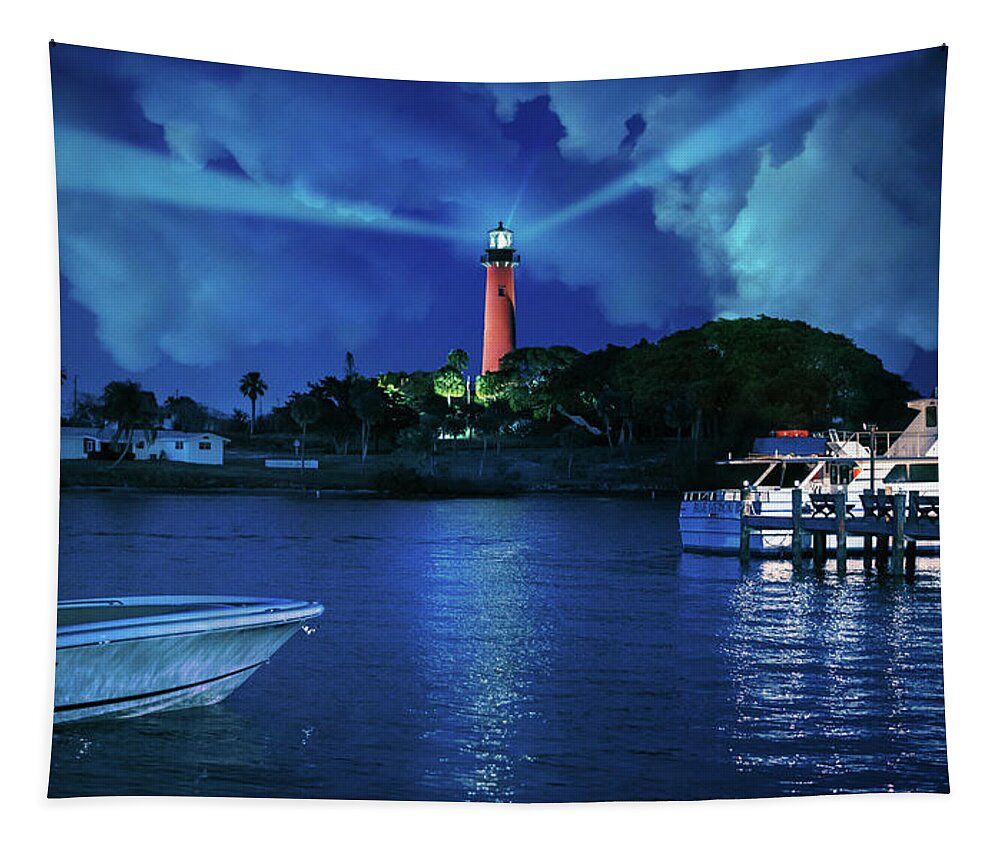 Jupiter Lighthouse Tapestry featuring the photograph Jupiter Lighthouse at Night by Laura Fasulo