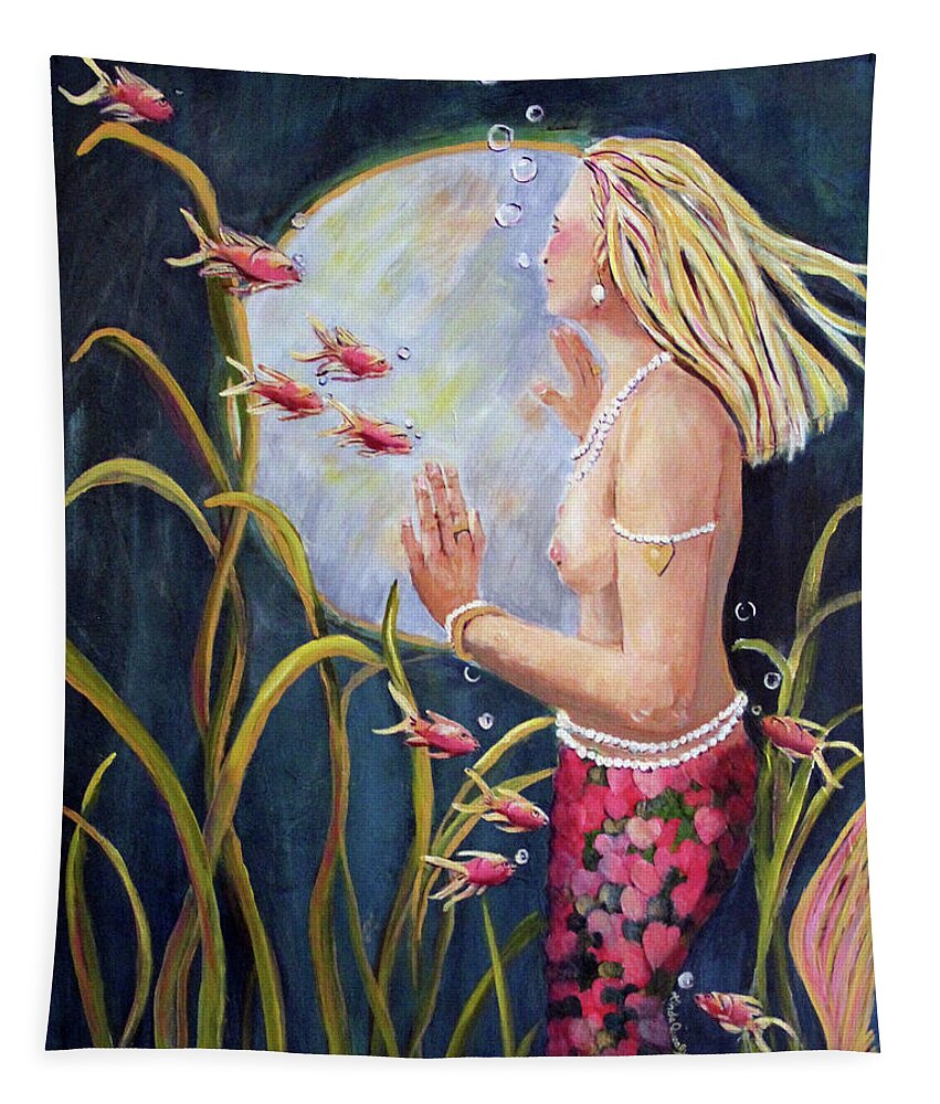 Mermaid Tapestry featuring the painting Just Looking by Linda Queally by Linda Queally