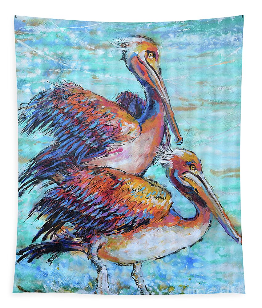 Juvenile Brown Pelican Tapestry featuring the painting Juvenile Pelicans by Jyotika Shroff