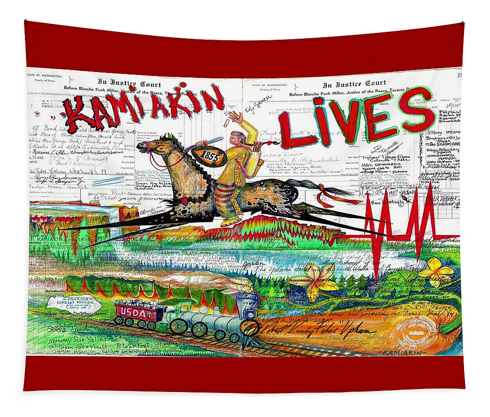 Yakama Tapestry featuring the drawing Kamiakin Lives by Robert Running Fisher Upham