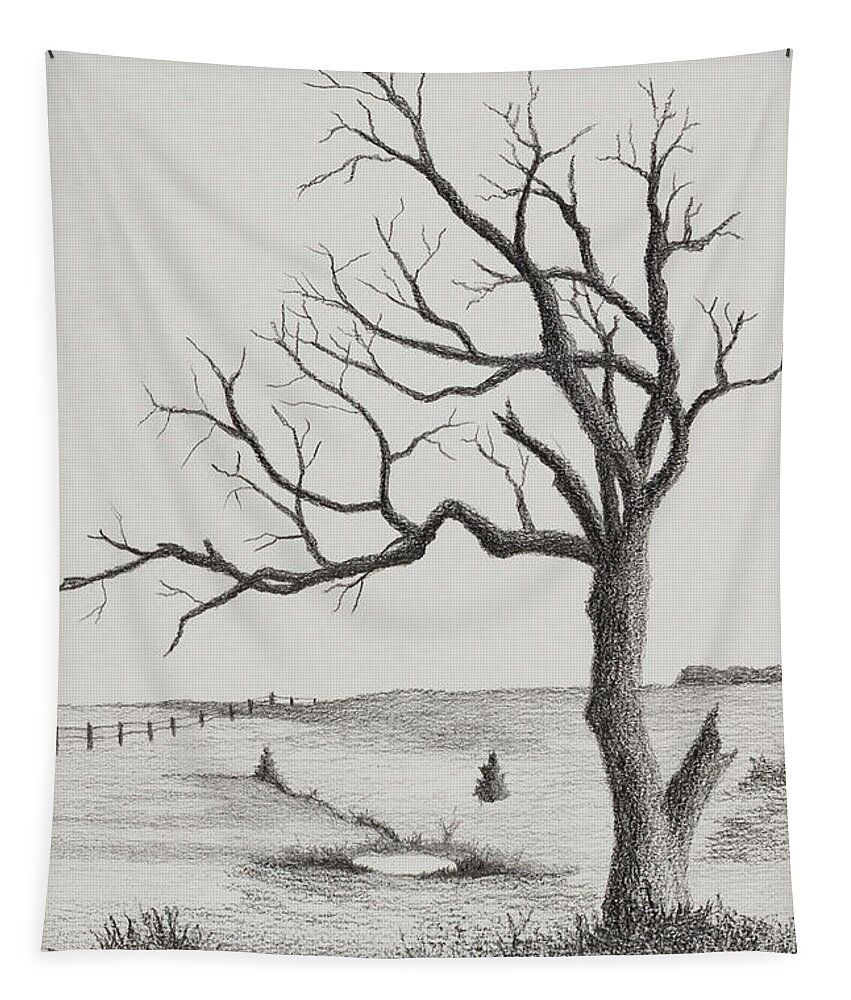 Tree Tapestry featuring the drawing Kansas Flint Hills and tree by Garry McMichael