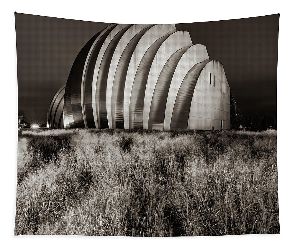 Kansas City Skyline Tapestry featuring the photograph Kauffman Center Architectural Landscape - Kansas City Sepia by Gregory Ballos
