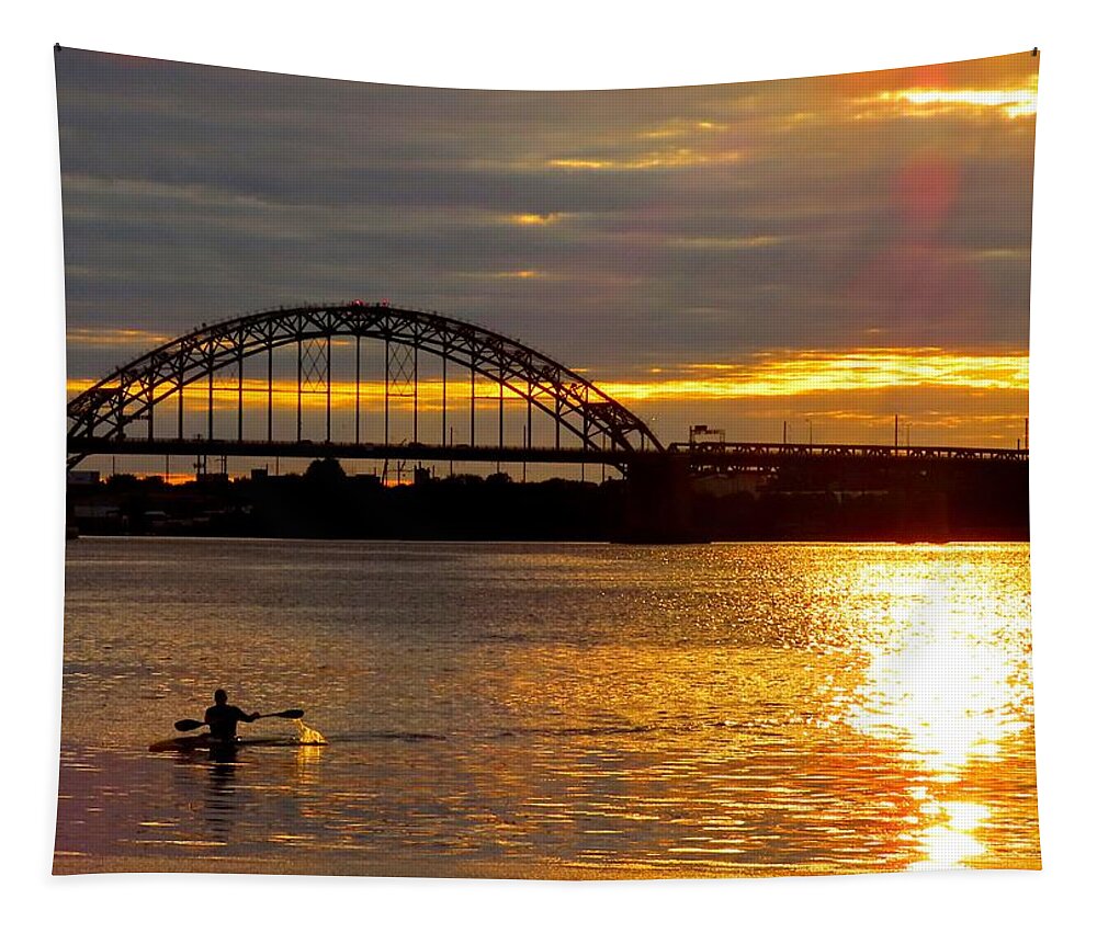 Kayak Tapestry featuring the photograph Kayaking on the Delaware River at Sunset by Linda Stern