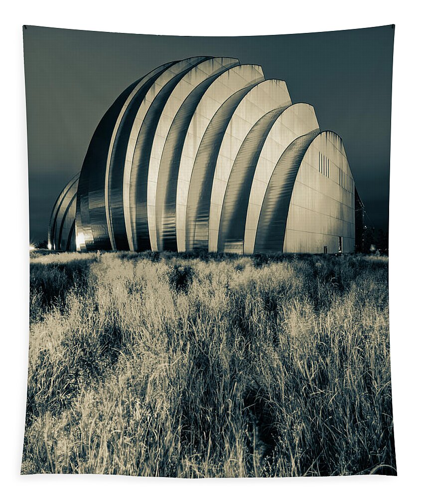 America Tapestry featuring the photograph KC Kauffman Center Architectural Landscape - Sepia by Gregory Ballos