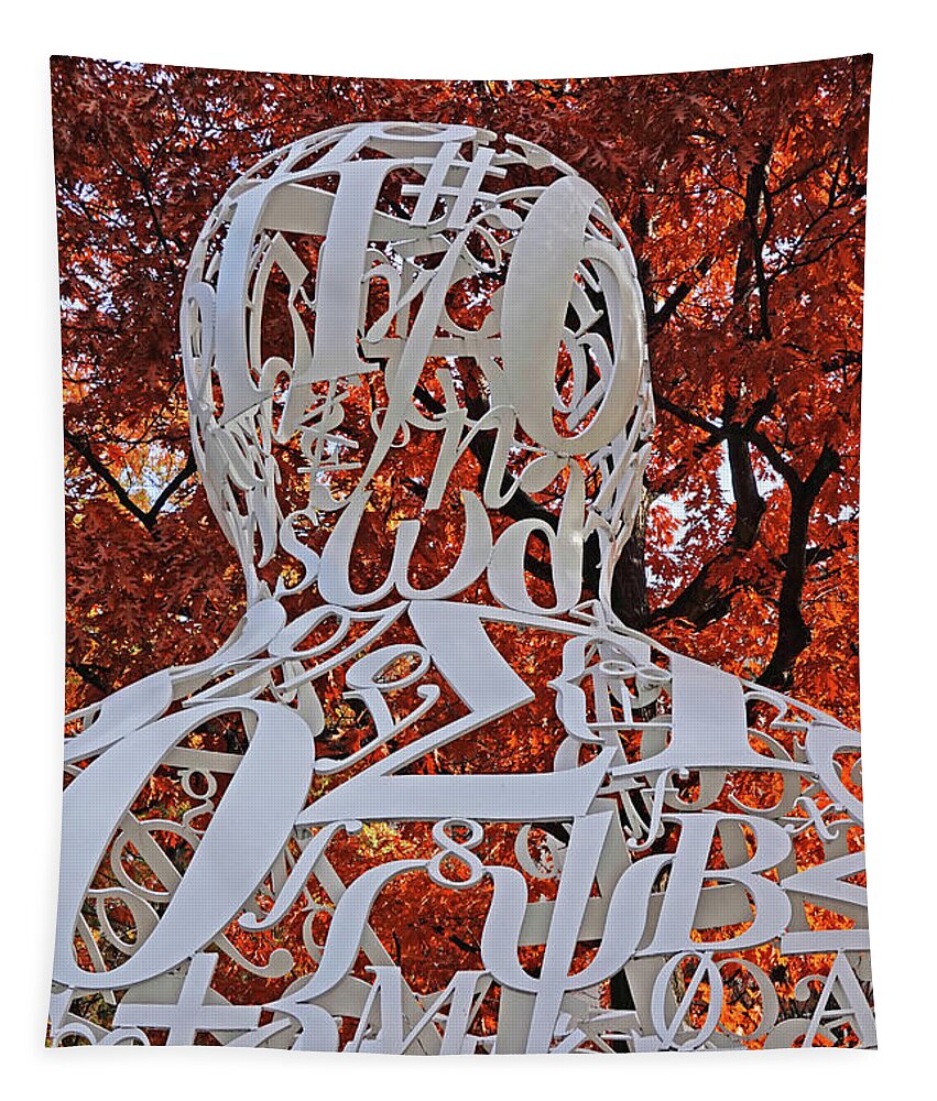 Cambridge Tapestry featuring the photograph Kendall Square Mathman Statue Fall Foliage Cambridge MA by Toby McGuire