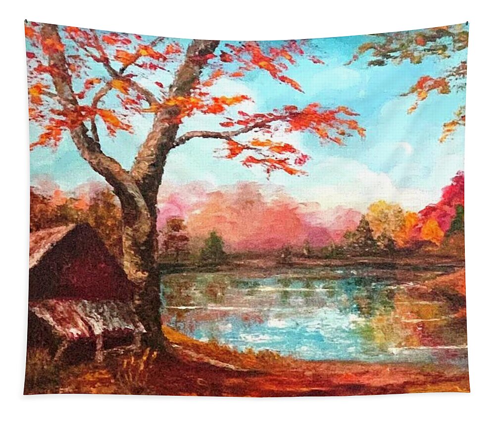 Landscape Tapestry featuring the painting Kildaire Farm Pond and Rustic Tobacco Barn in Cary North Carolina by Catherine Ludwig Donleycott